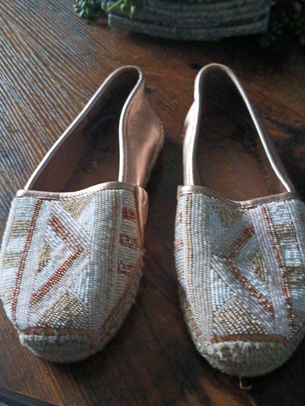 Sam Edelman Beaded Slip-On Espadrille Flats in Metallic Rose Gold and Cream